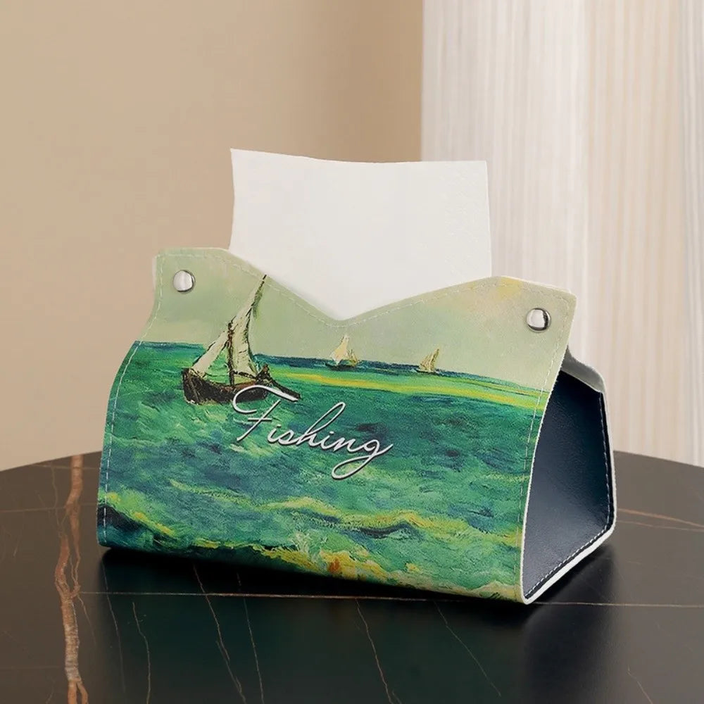 Vintage PU Leather Tissue Box Cover – Oil Painting Decor