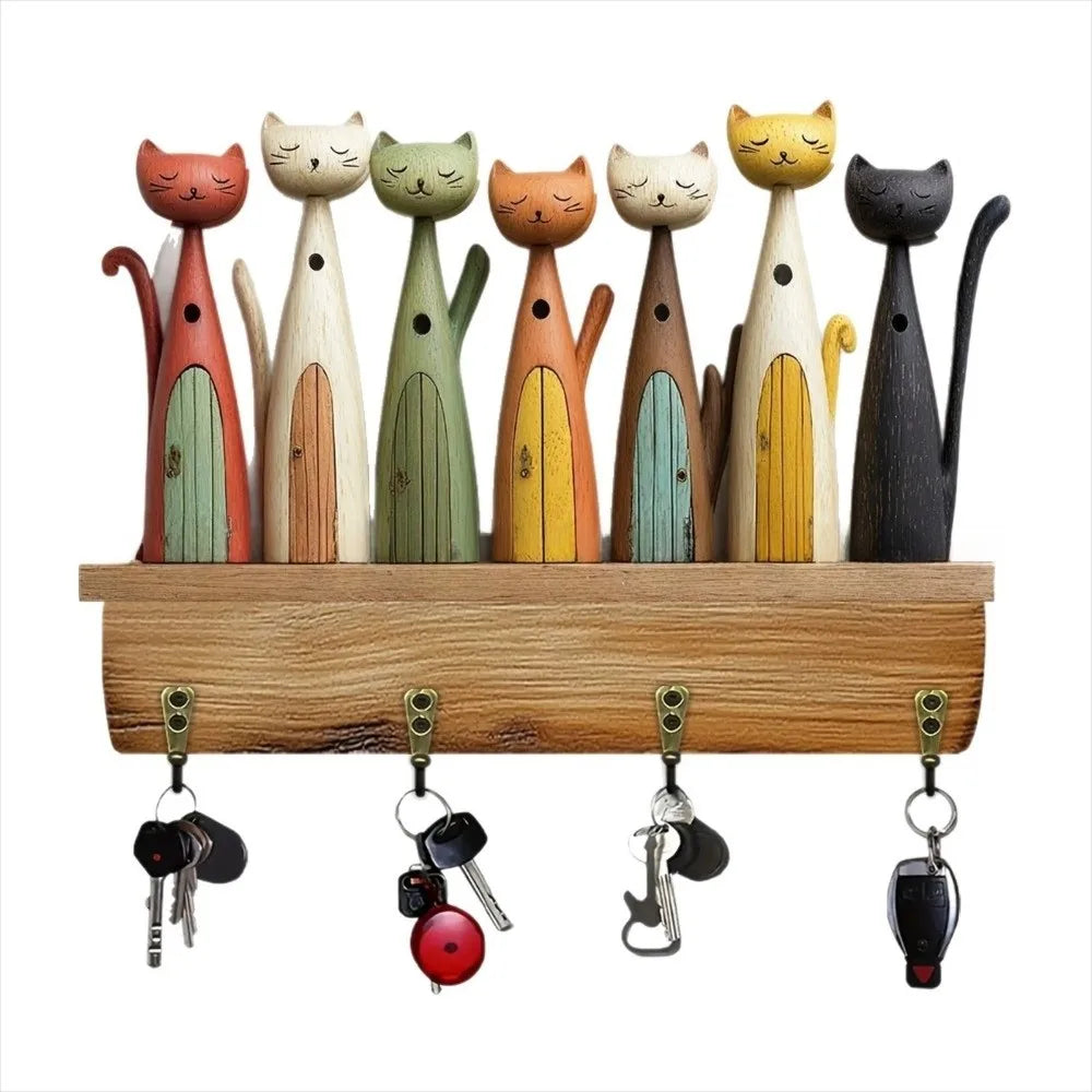 Wooden Cat Wall Key Holder – Colorful Decorative Hook Hanger