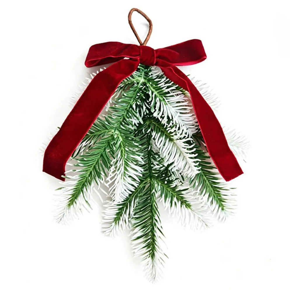 Red Velvet Bow Artificial Pine Branch Christmas Swag Ornament