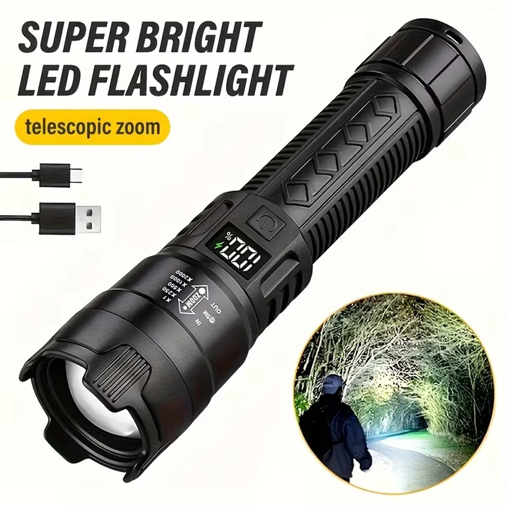 Ultra Bright 2000LM LED Flashlight – USB-C Rechargeable Zoom Torch