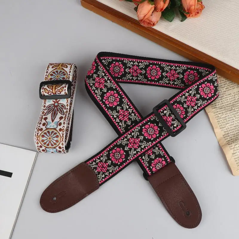 Embroidered Guitar Strap – Adjustable PU Leather & Cotton