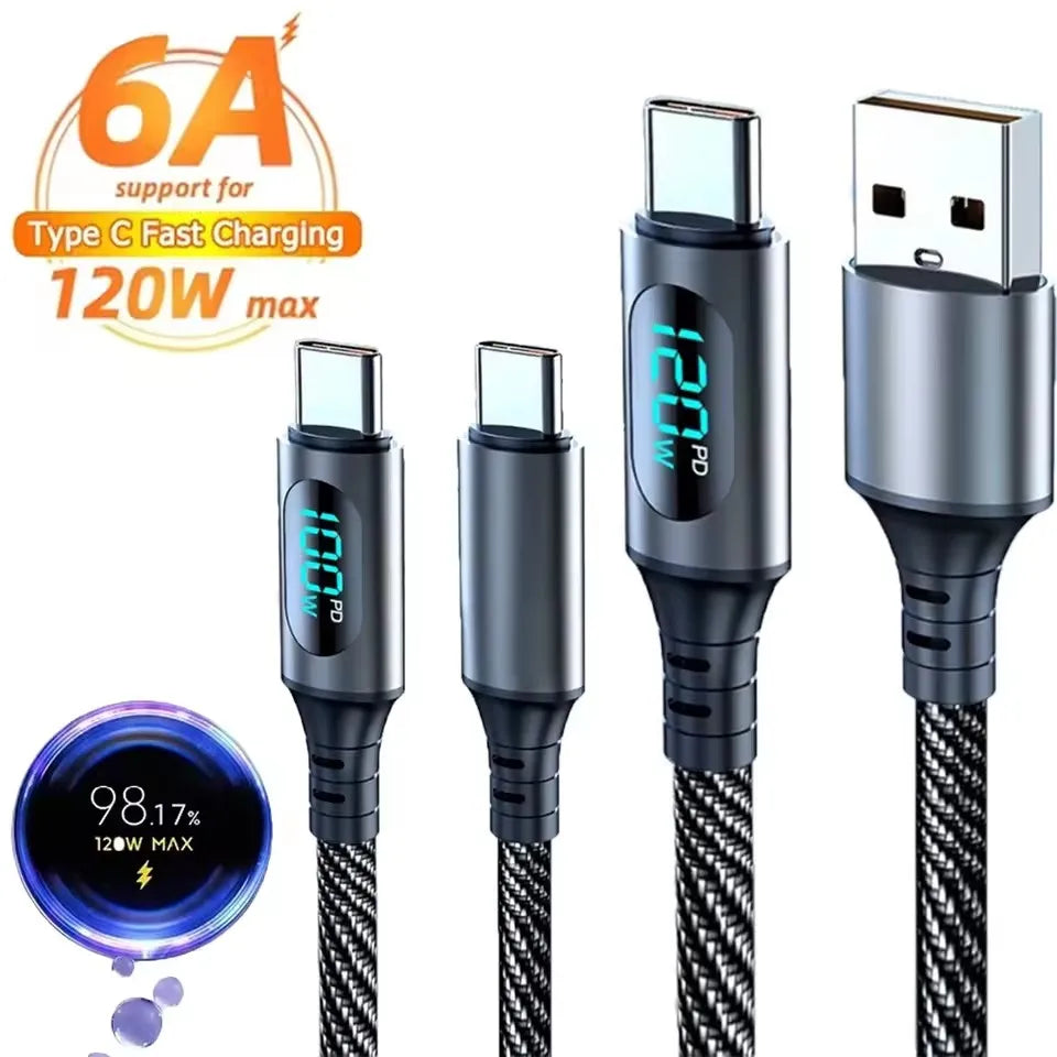 120W 6A USB-C Fast Charge Cable with LED Digital Display