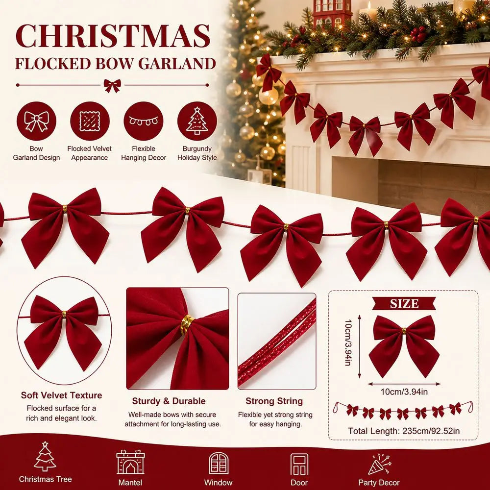 Flocked Velvet Bow Christmas Garland | Burgundy Holiday Decor