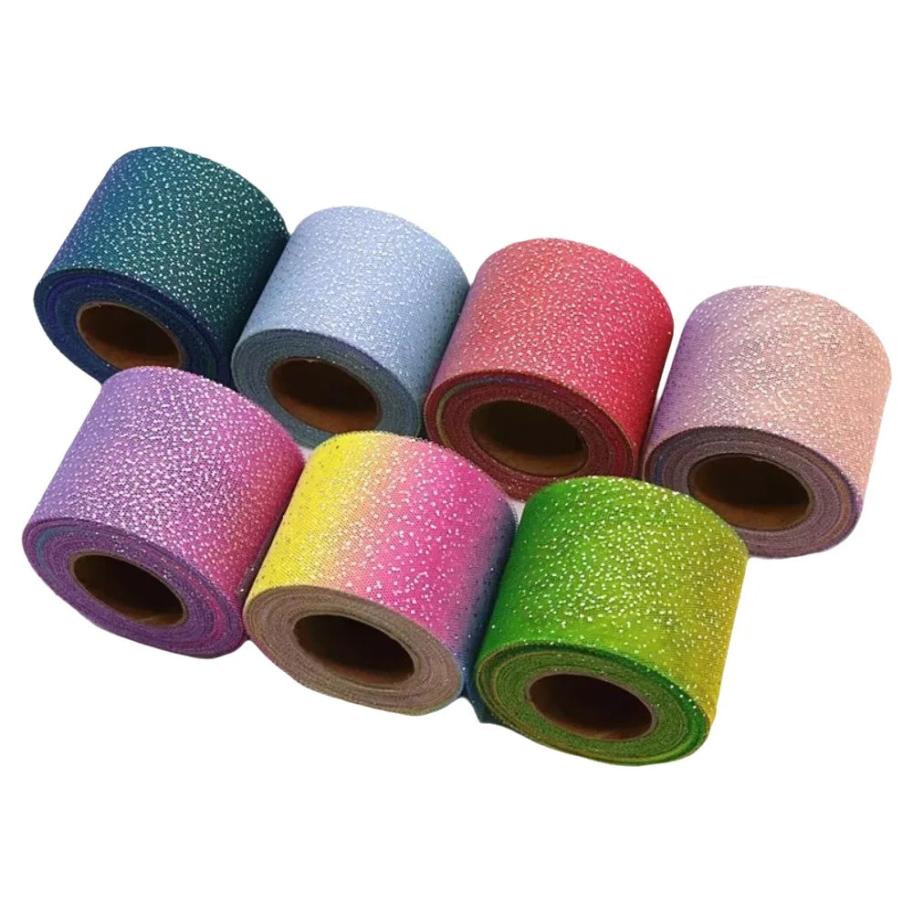 25 Yards Rainbow Tulle Mesh Ribbon – Silver Glitter Dot 6cm
