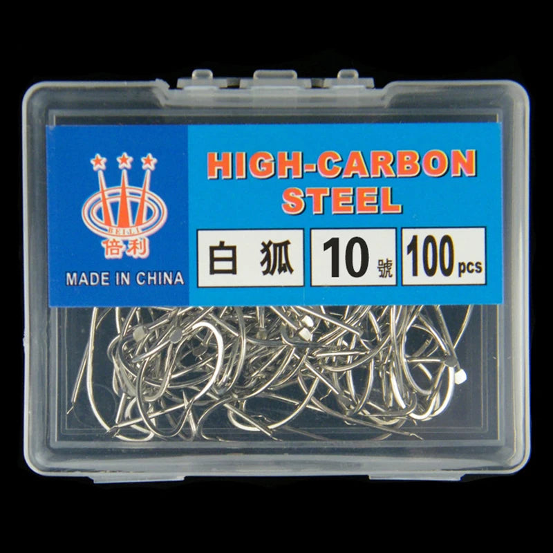 100-Pack Barbed Fishing Hooks – High Carbon Steel Boxed