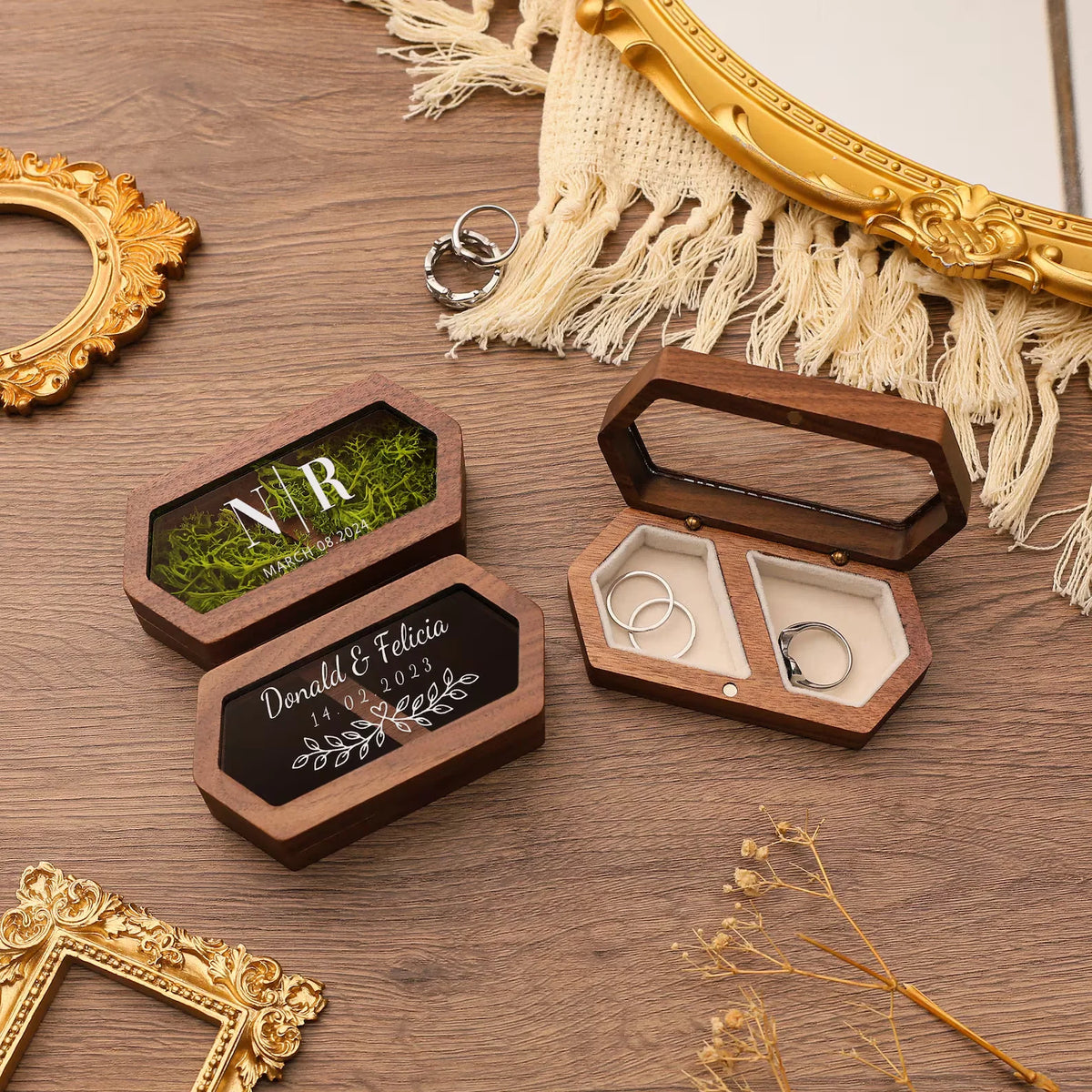 Personalized Walnut Wood Ring Box – Engraved Glass Top Gift
