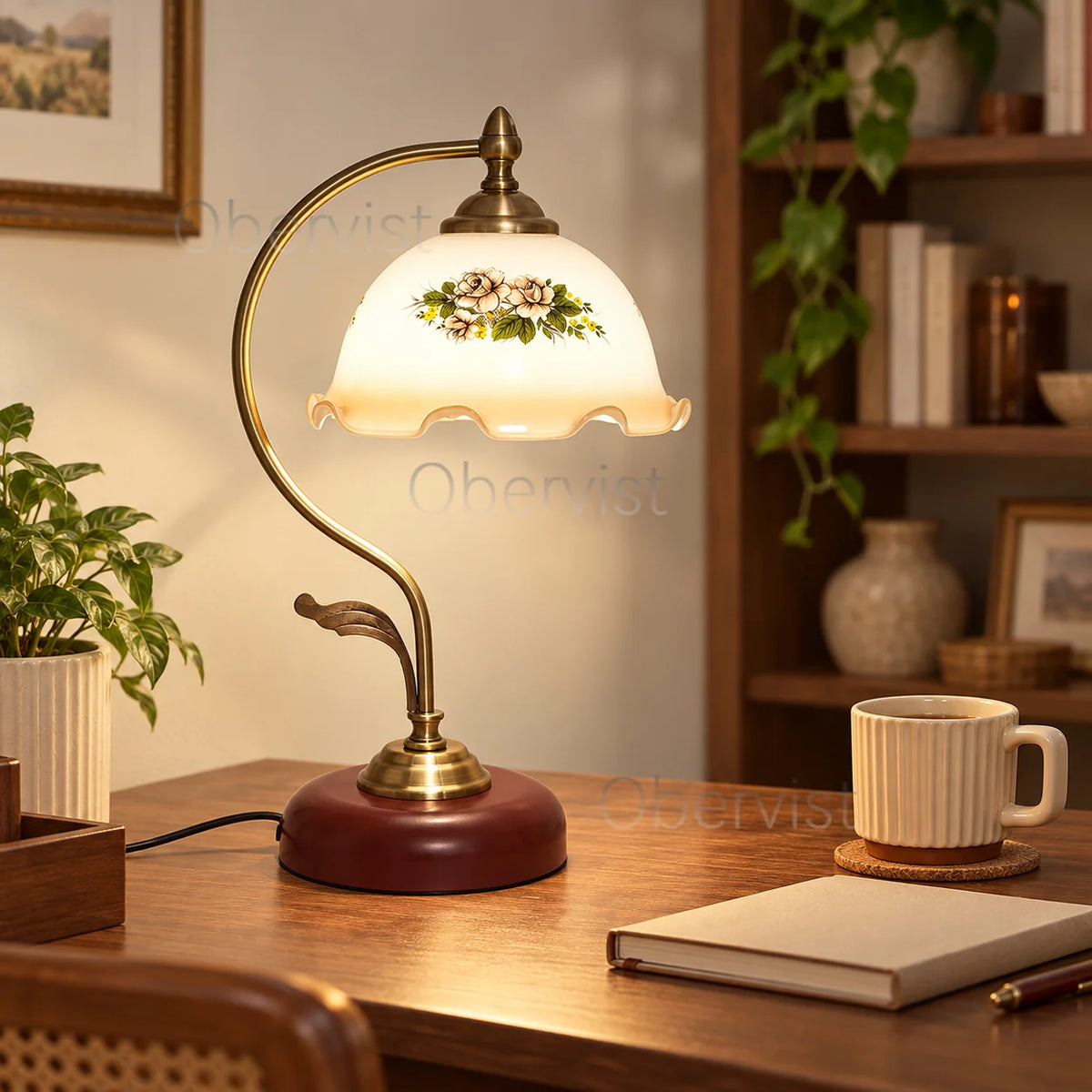 Vintage Floral Glass Table Lamp | Antique Brass Arm E27