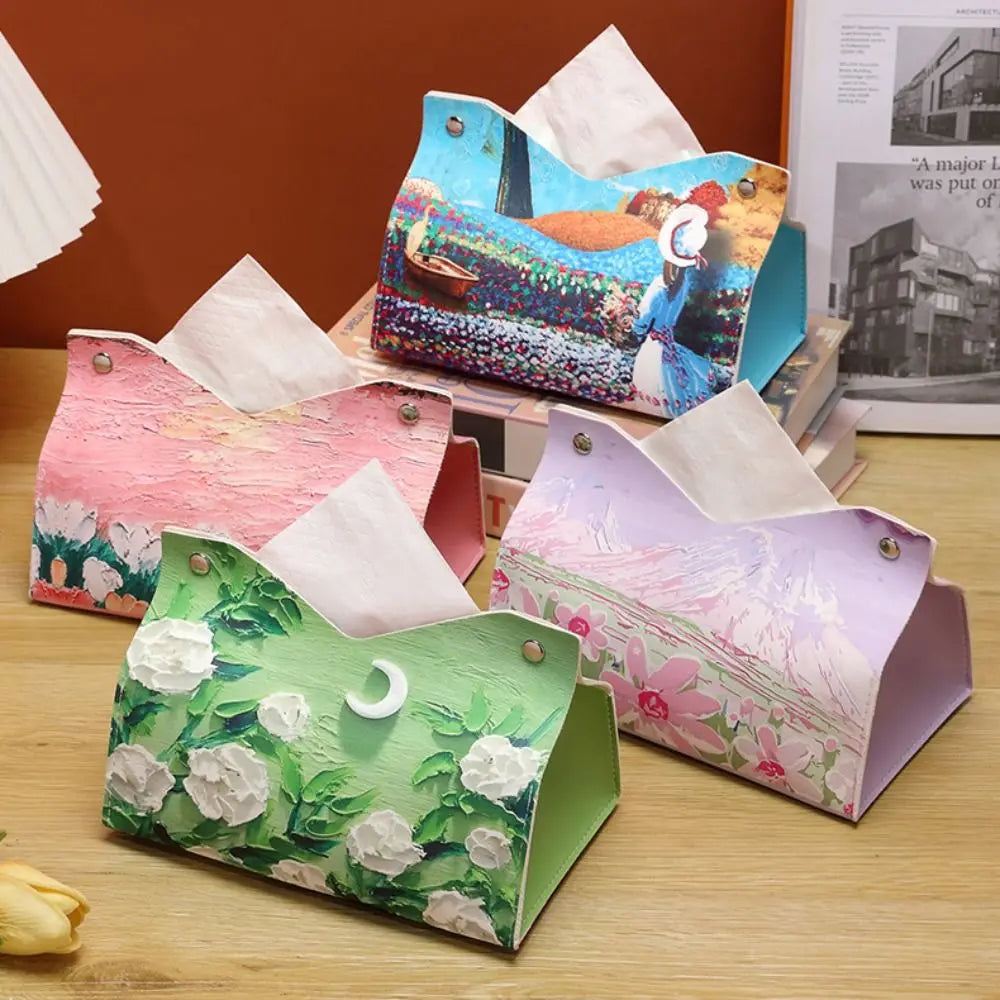 Vintage PU Leather Tissue Box Cover – Oil Painting Decor