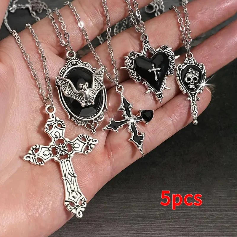 Gothic Pendant Necklace Set 5Pcs – Heart Bat Cross Chain Jewelry