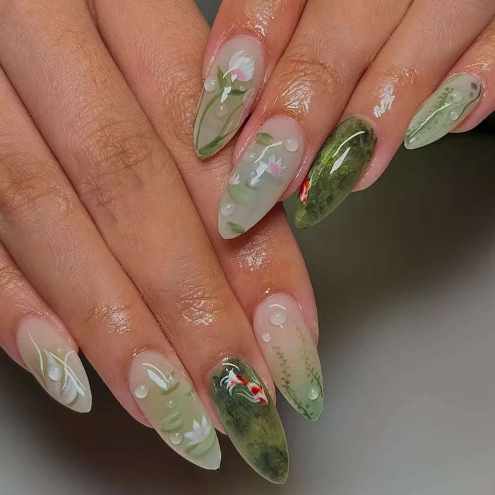 24-Piece Almond Press On Nails – Misty Blue Floral French Style