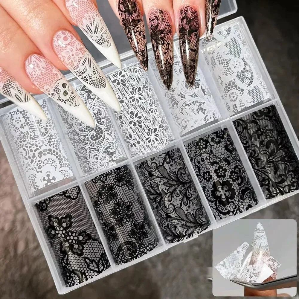 Nail Art Foil Stickers – Lace, Leopard & Stripe Transfers 10pc