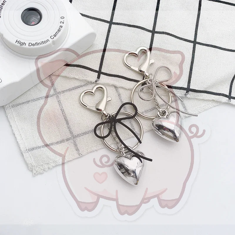 Y2K Silver Bowknot Heart Keychain – Metal Keyring & Bag Charm
