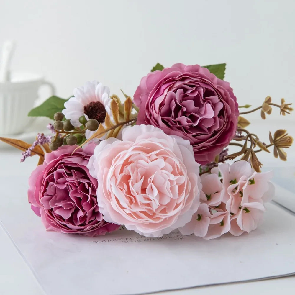 Silk Persian Peony Artificial Bouquet – 5 Heads Fake Flowers