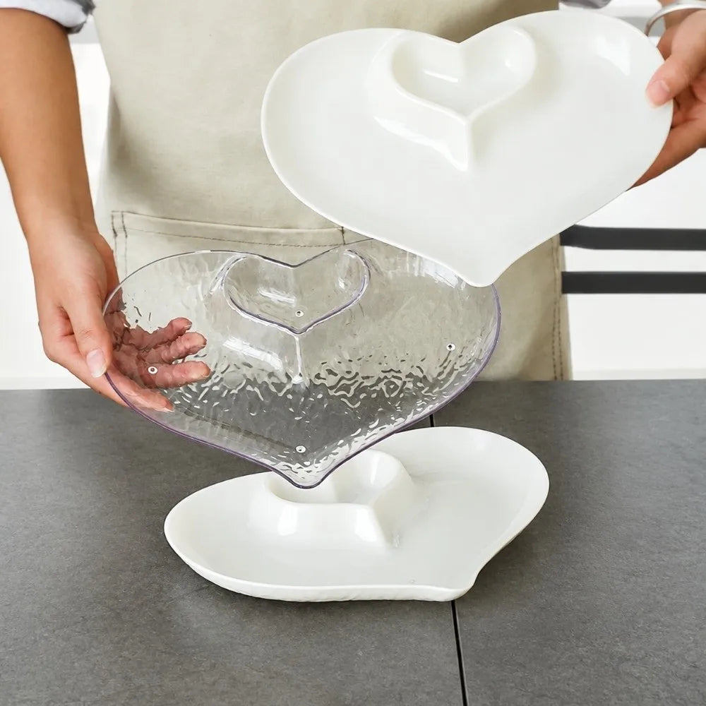 Heart-Shaped Transparent PET Snack & Dumpling Plate | Wave Texture