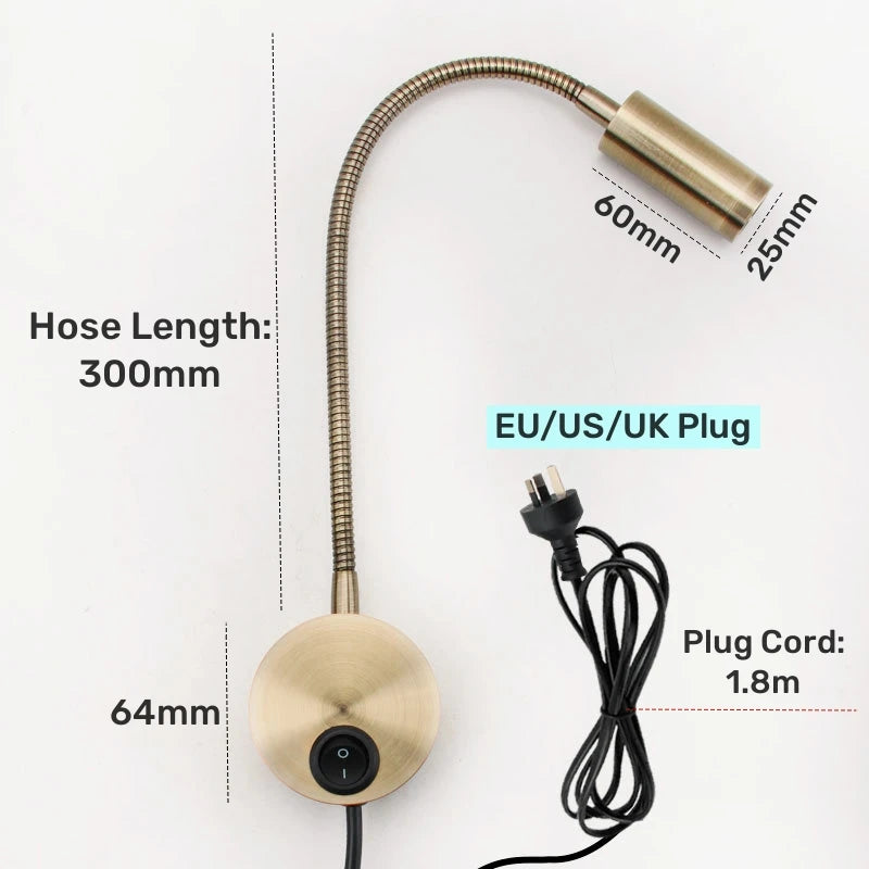 3W Gooseneck LED Wall Lamp – Plug-In Flexible Reading Sconce