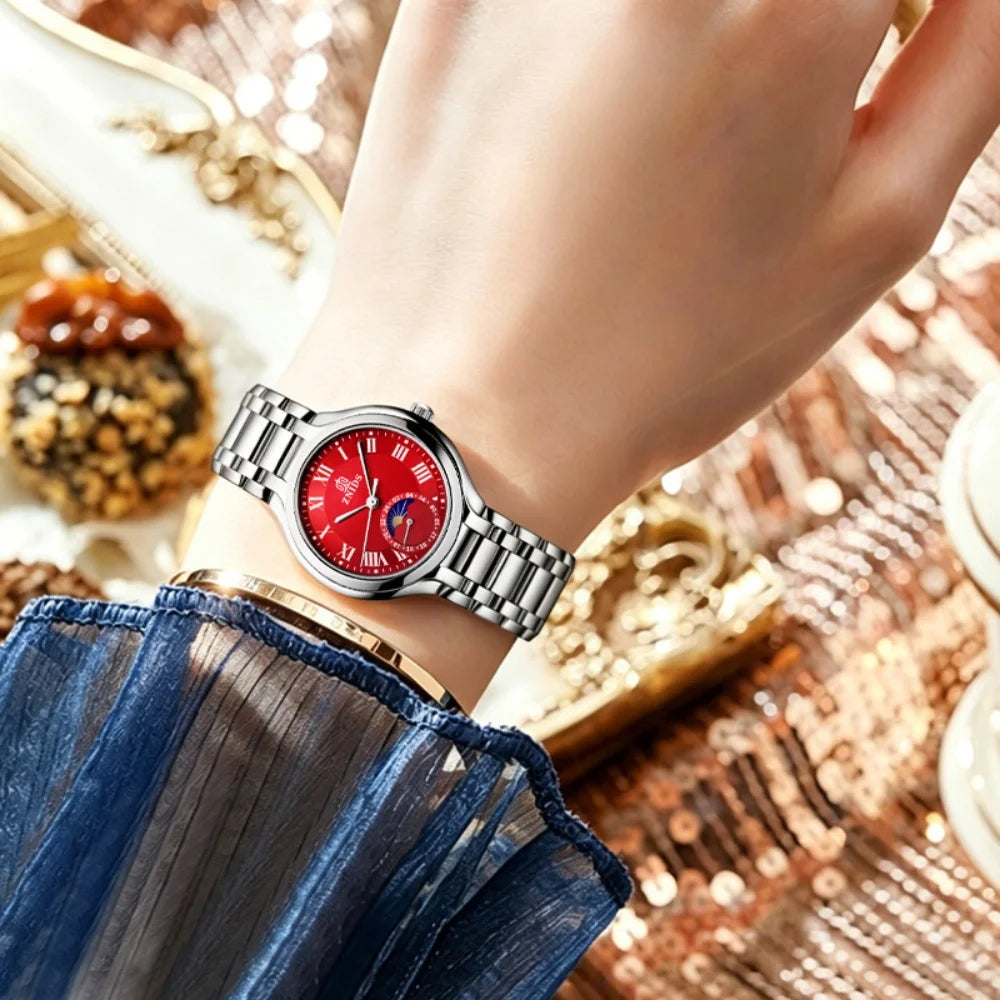 Women's Quartz Watch – Moon Phase Roman Numeral Steel Band