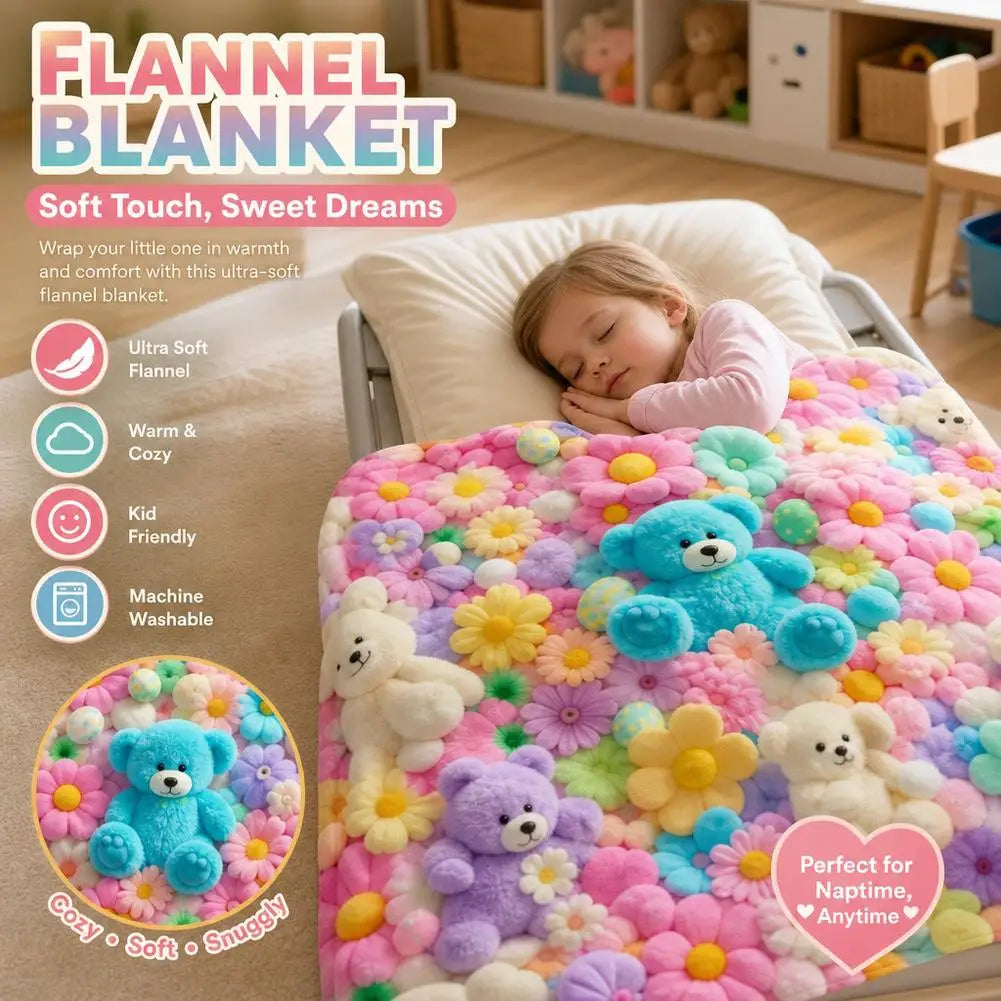 Teddy Bear Floral Flannel Blanket – Soft Kids Nap Throw