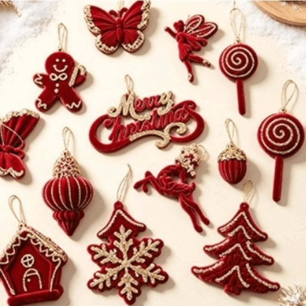 Red Flocked Velvet Christmas Ornaments with Glitter Trim
