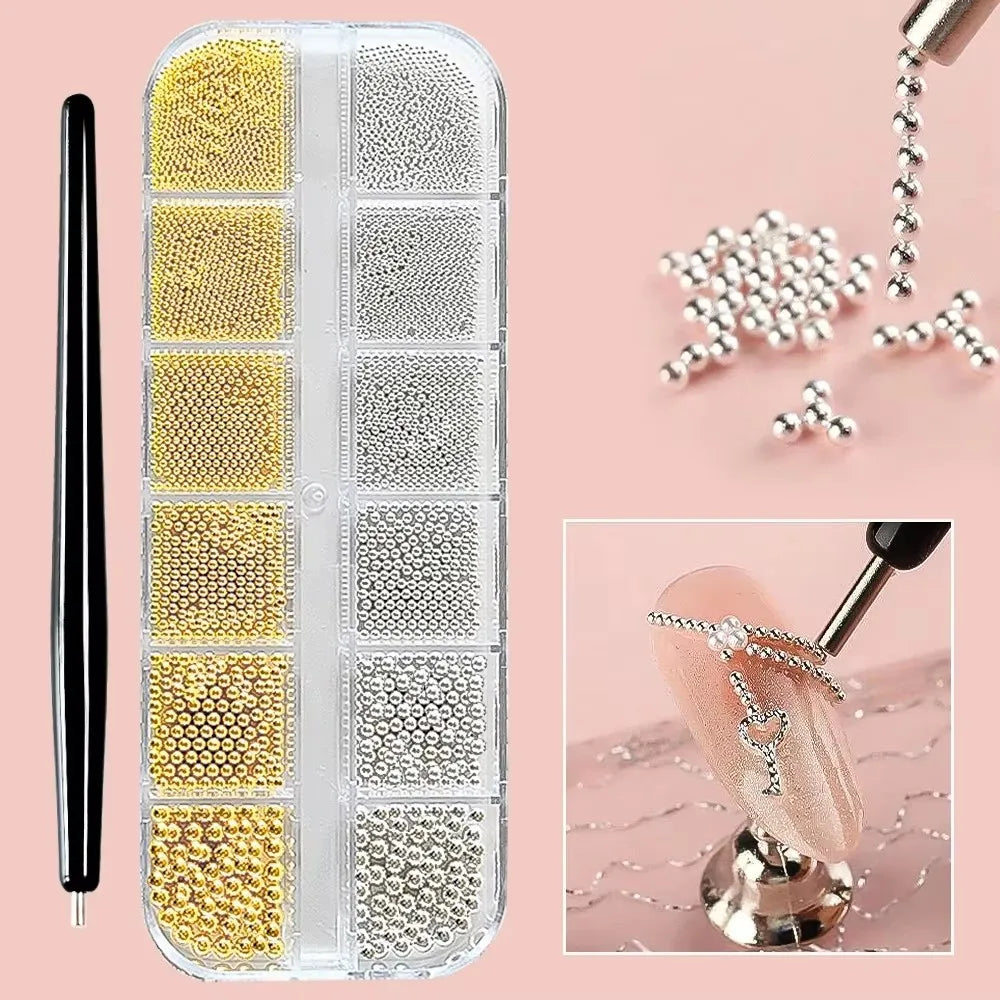 12-Grid Mini Caviar Beads – Gold Silver Micro Ball Nail Art Set