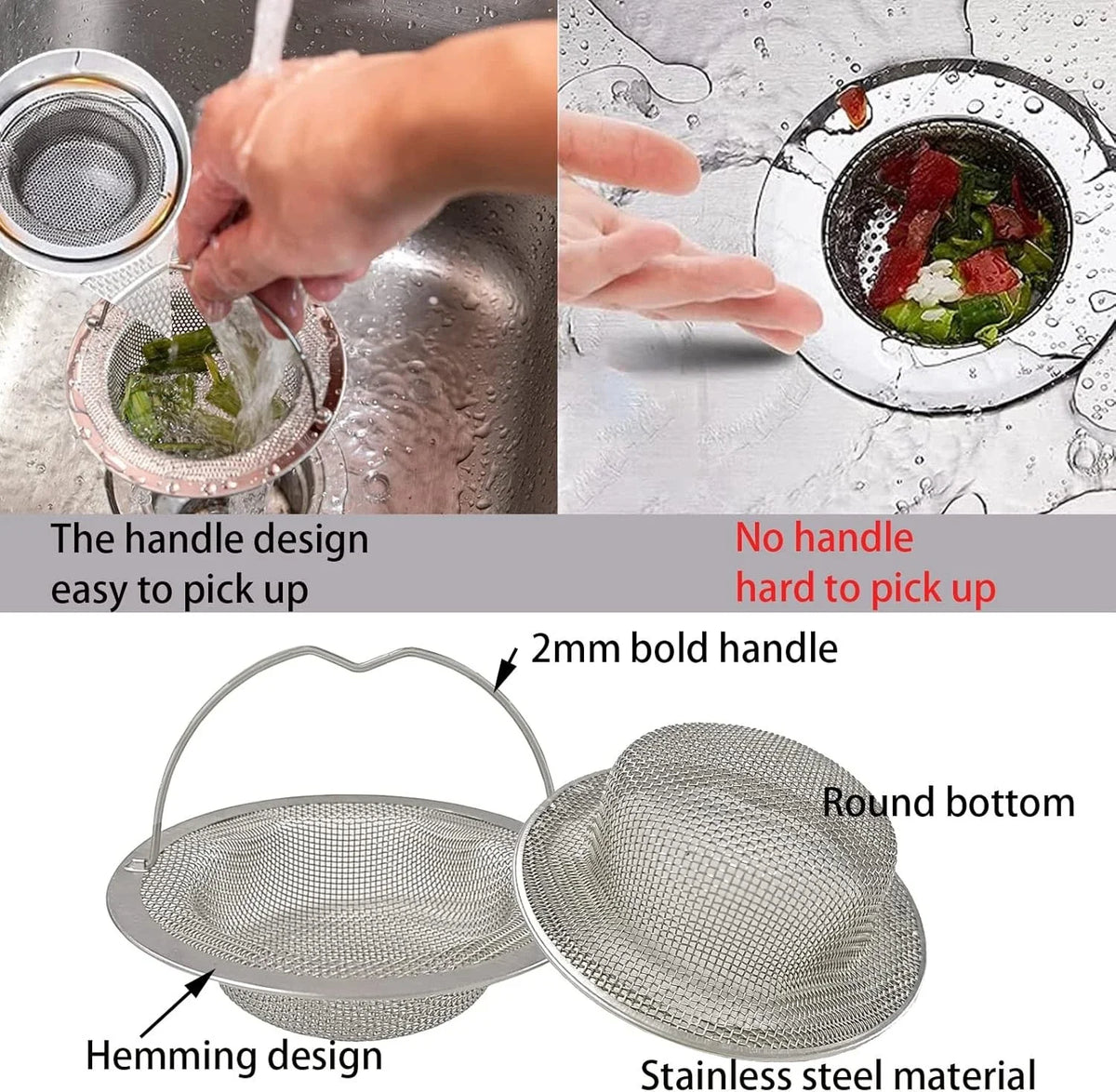 Stainless Steel Sink Strainer with Handle – 1/2/4 Pack