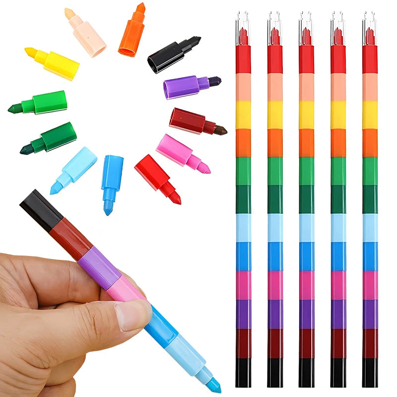 12-Color Stackable Building Block Crayons – Kids Art Gift Set