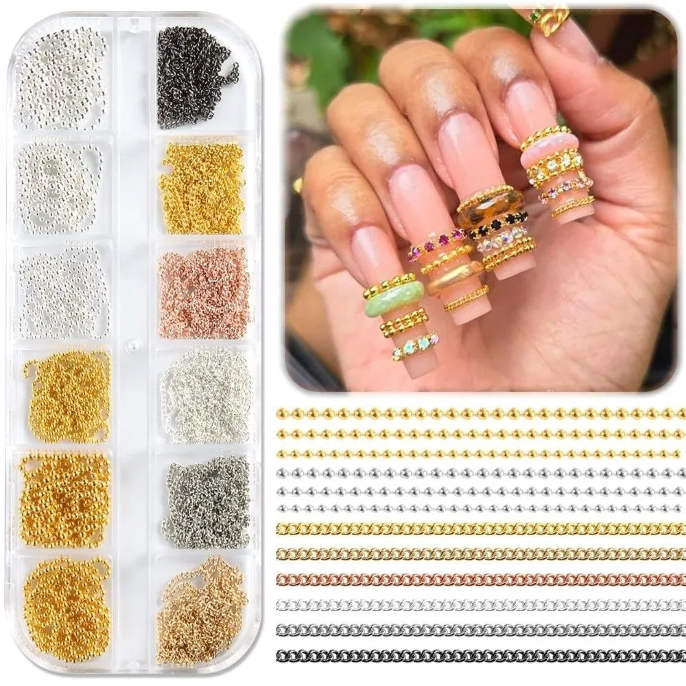 12-Grid Metal Nail Art Chains & Beads Set – Gold & Silver