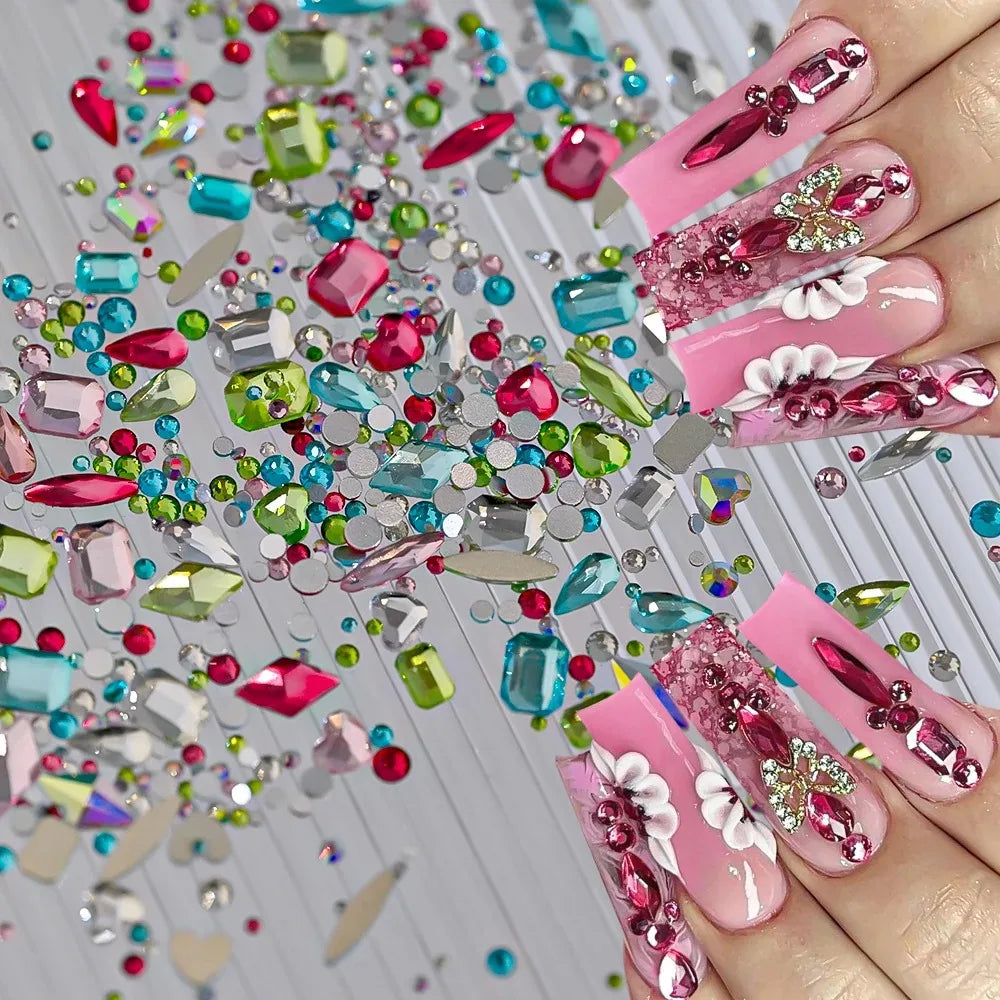 12-Grid 3D Nail Art Rhinestones – Mixed Flatback Gems & Charms