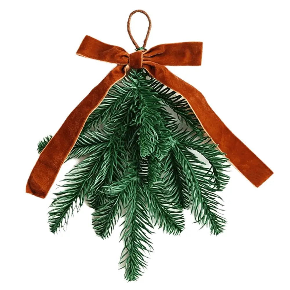 Red Velvet Bow Artificial Pine Branch Christmas Swag Ornament