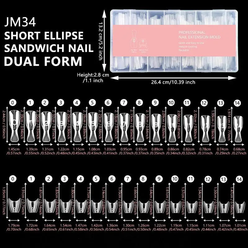 240pcs Sandwich Dual Nail Forms – 15 Oval Sizes Extension Molds
