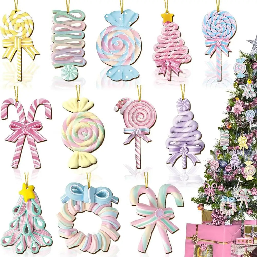 Wooden Pastel Candy Christmas Ornaments Set – 12/24/36 Pcs