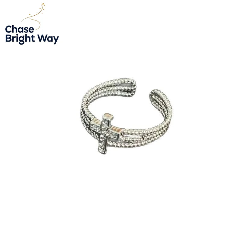Y2K Vintage Cross Adjustable Ring – Silver Cubic Zirconia