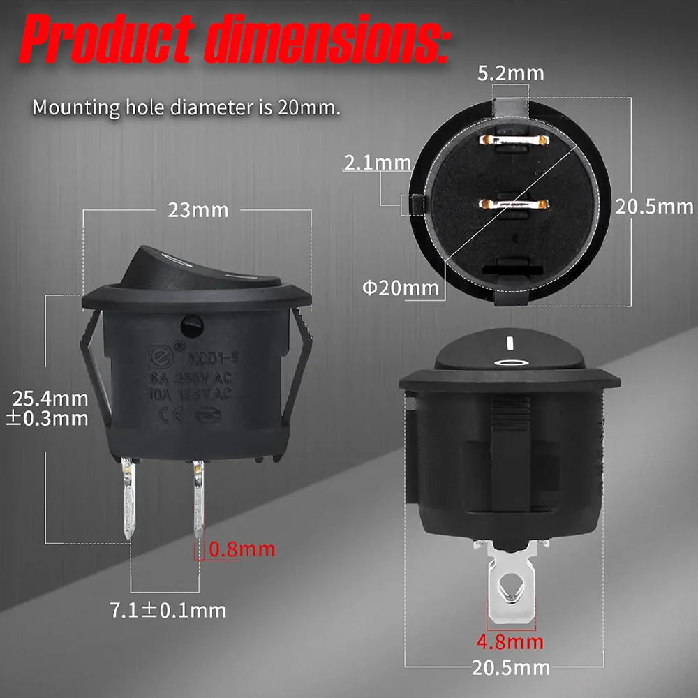 SPST Round Rocker Switch 20mm 12V DC 2-Pin ON/OFF Toggle