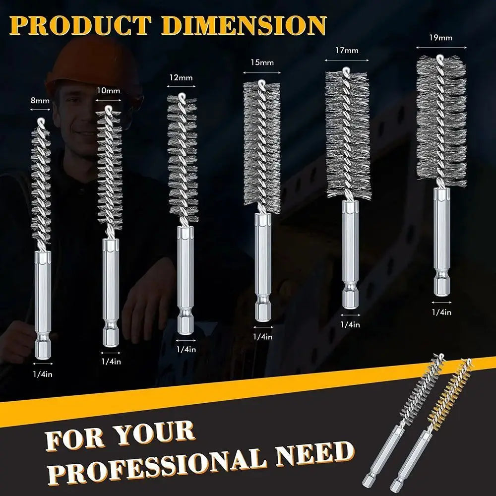 Stainless Steel Bore Brush Set 8–25mm | 6–14Pcs with 1/4" Hex