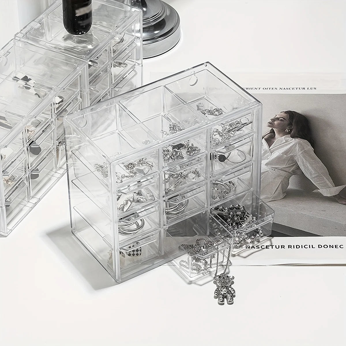 Transparent Multi-Grid Jewelry & Cosmetics Drawer Storage Box
