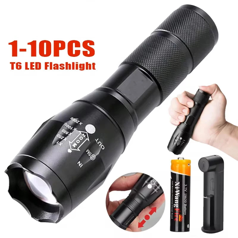 T6 LED Flashlight 1000 Lumen Zoomable 5-Mode Waterproof Torch